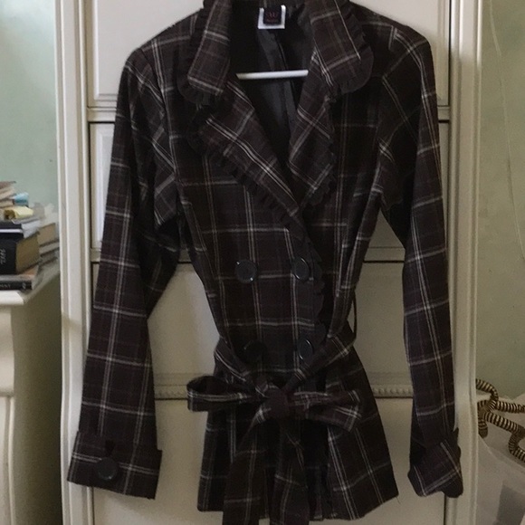 Brown Plaid Light Weight Jacket Poly Rayon Spandex - Picture 3 of 7